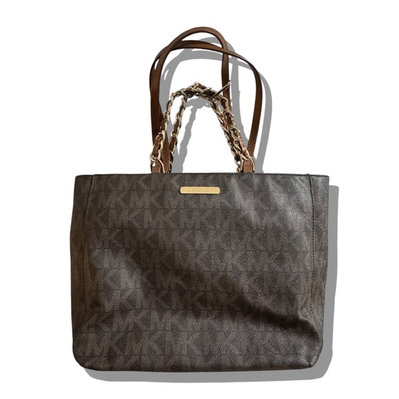 Michael Kors Harper Large East West PVC Tote Brown Signature Logo Gold - Picture 1 of 9